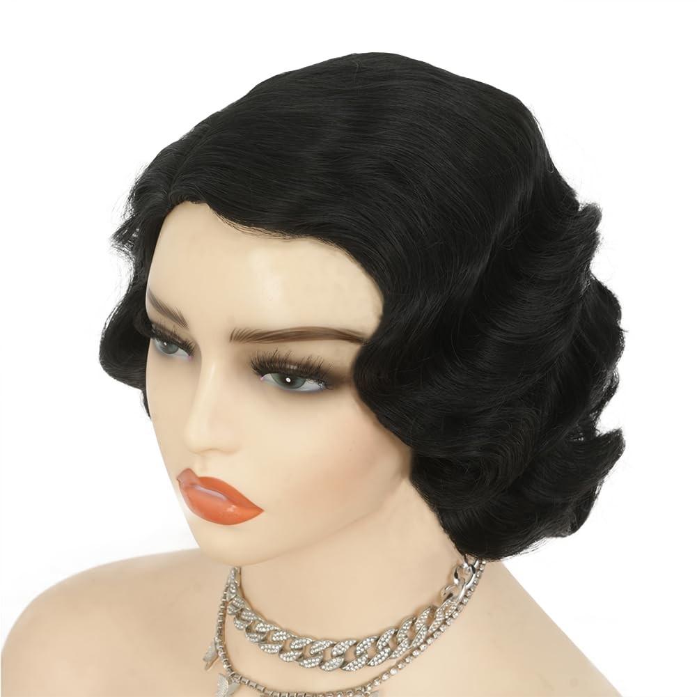 Salaibs Black Finger Wave Wigs for Women 1920s Wig Vintage Wigs Synthetic Fiber