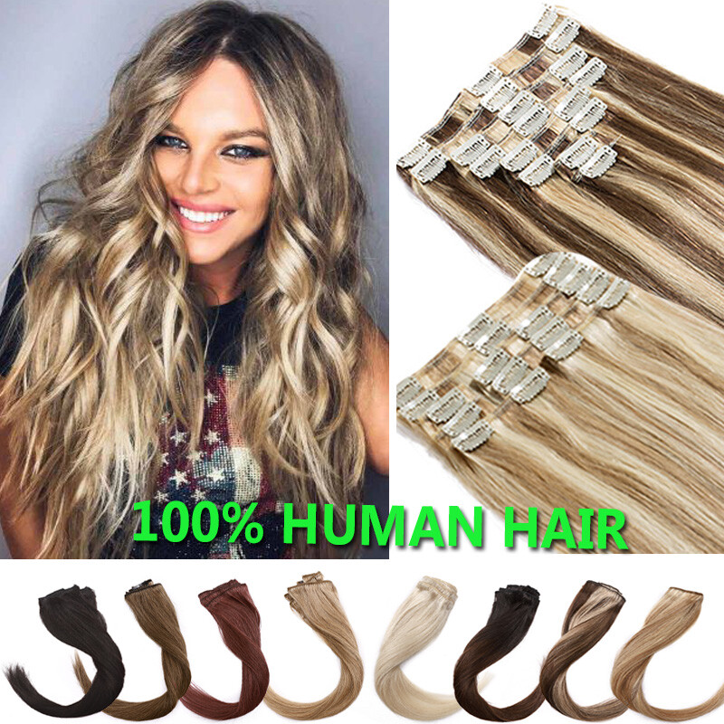 CLEARANCE 100% Remy Human Hair Extensions Clip In Real Hair Weave Full Head Ashy