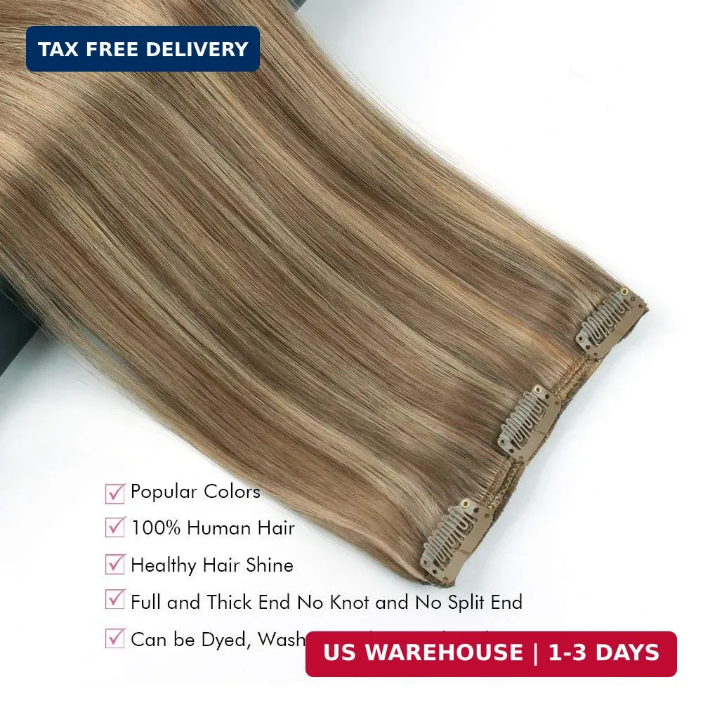 Lovrio 160g 20 inch Clip in Human Hair Extensions, Piano Color Chestnut Brown Mi