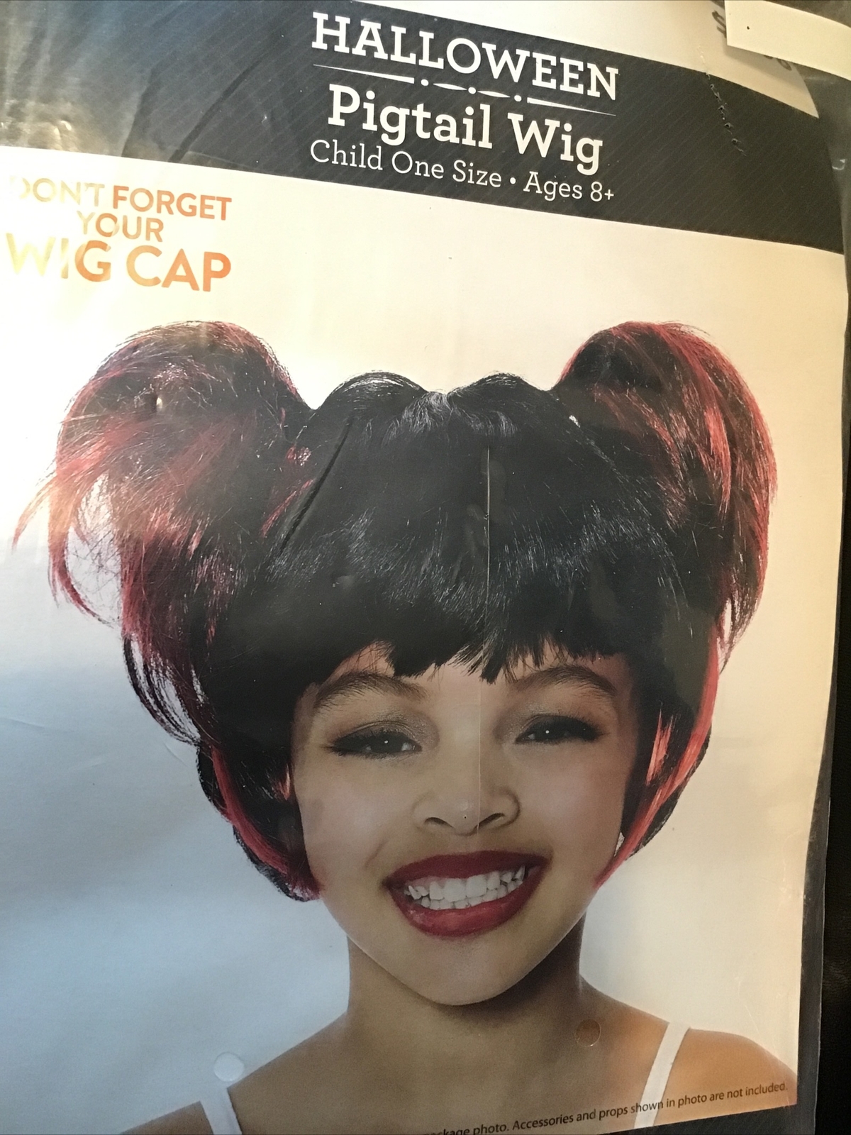Childs One Size Pigtail Wig Halloween Costume Black with Red, White, or Pink