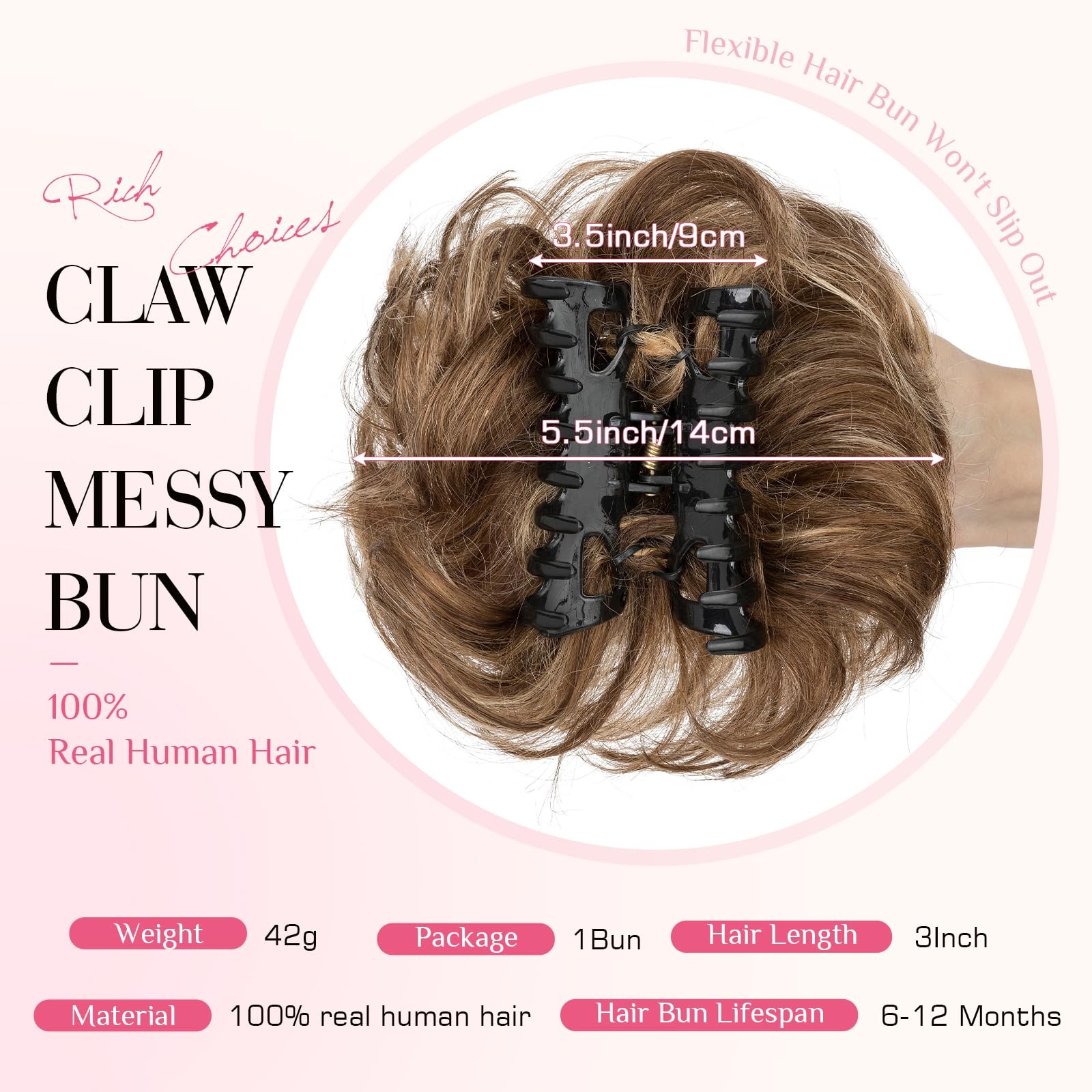 Claw Clip Messy Bun Hair Piece 100% Real Human Hair #4P27 Medium Brown Mix