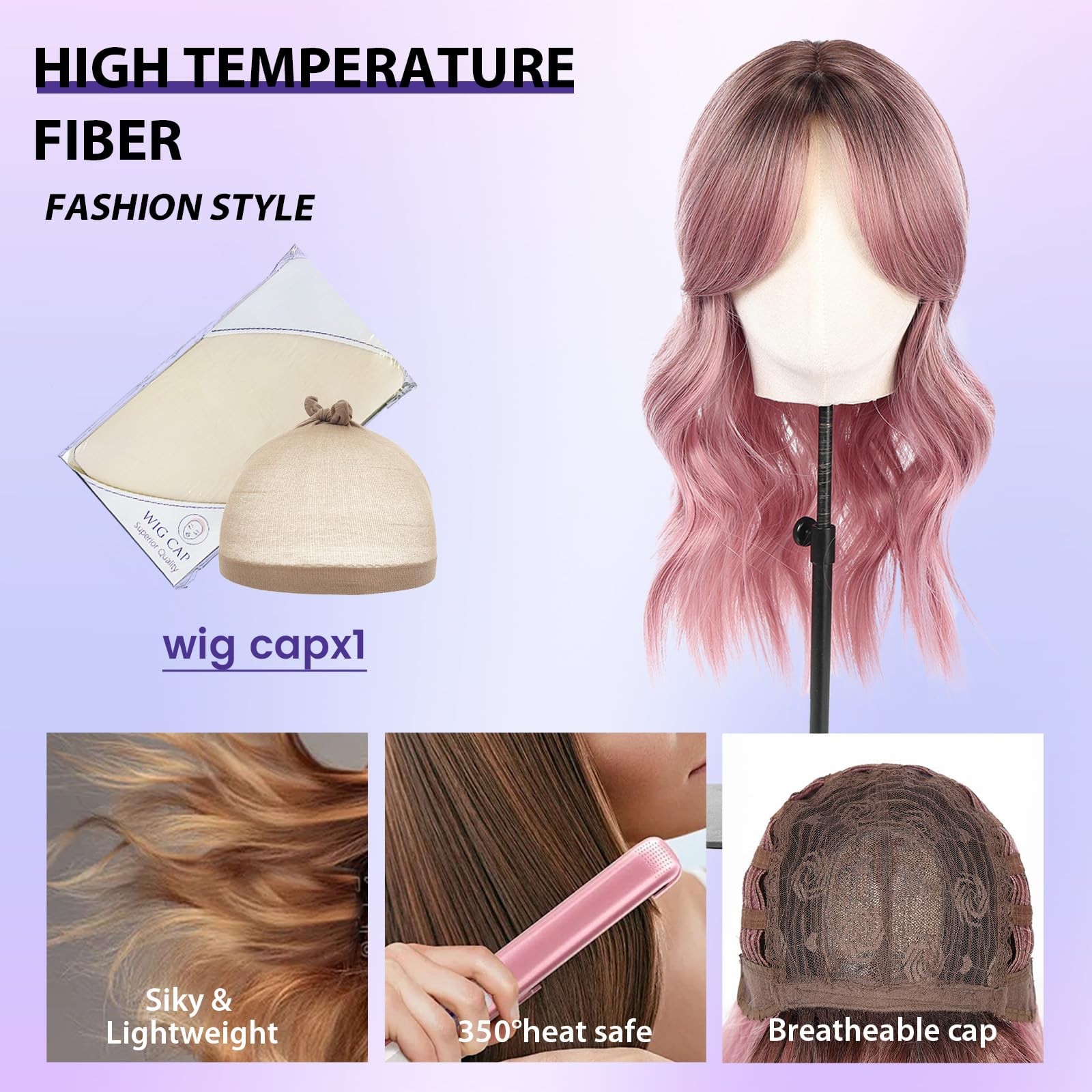 Testar Ombre Dark Pink Middle Part Bob Wavy Wigs For Women Heat Resistant