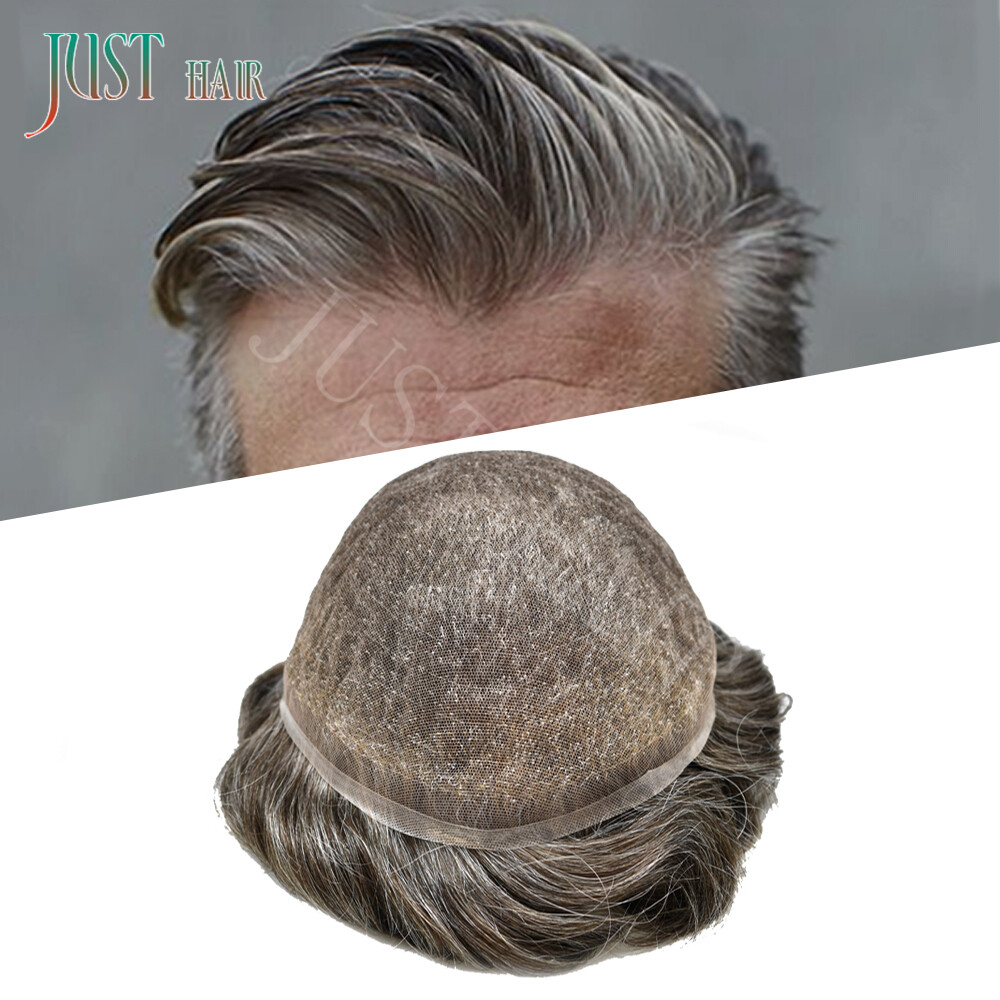 Full Swiss Lace Mens Toupee HairPiece Gray Hair System Replacement for Men US