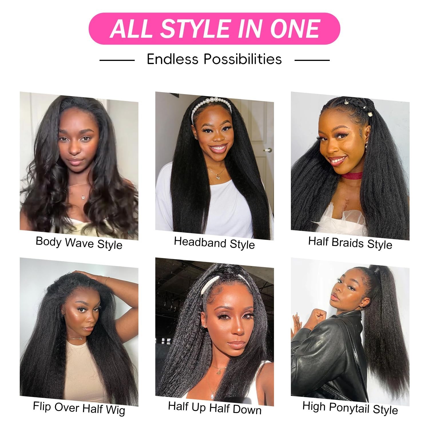 Kinky Straight 3-in-1 Half Wig Human Hair 180% Density Glueless Clip-In 24