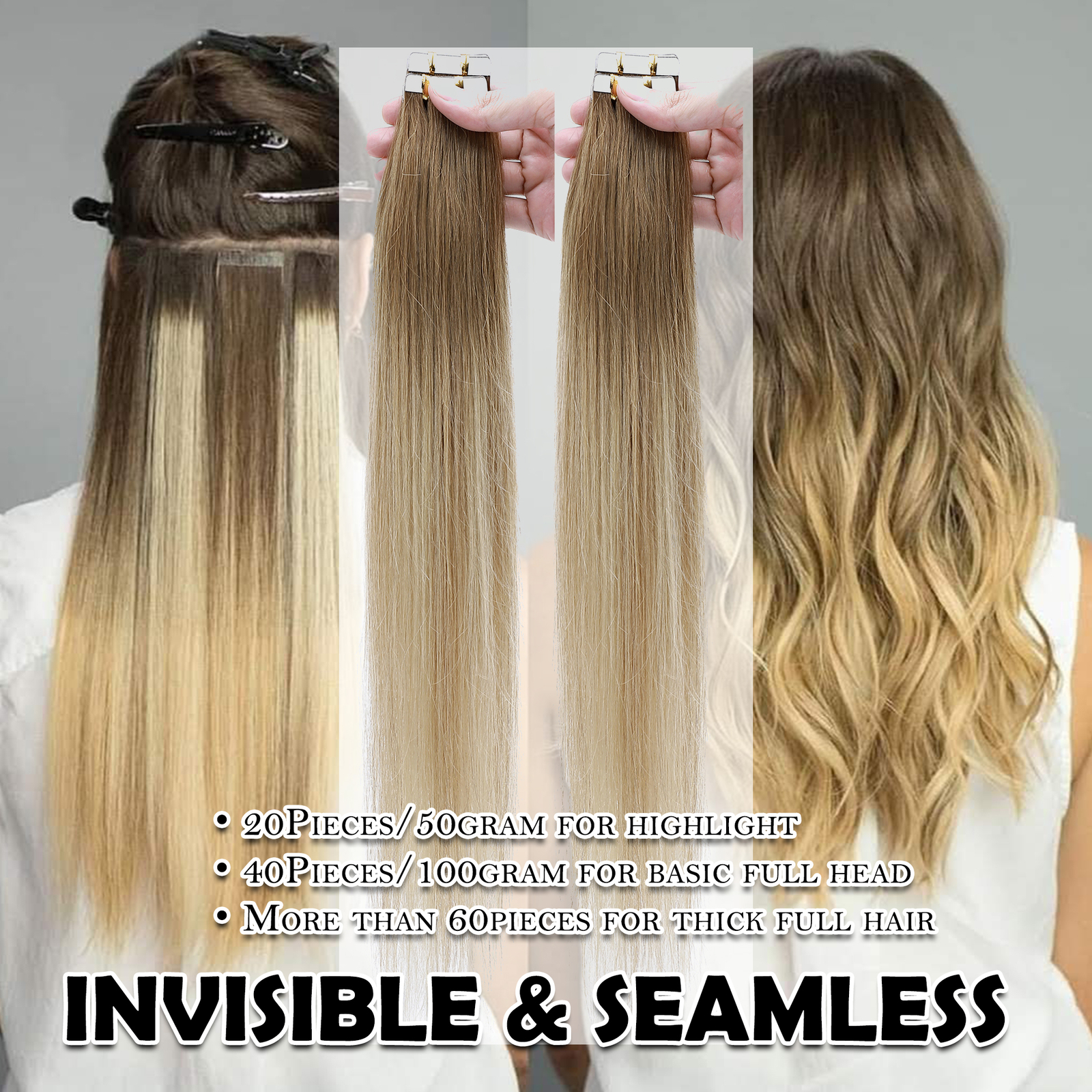 OMBRE Tape In Real 100% Remy Human Hair Extensions Skin Weft FULL HEAD Invisible