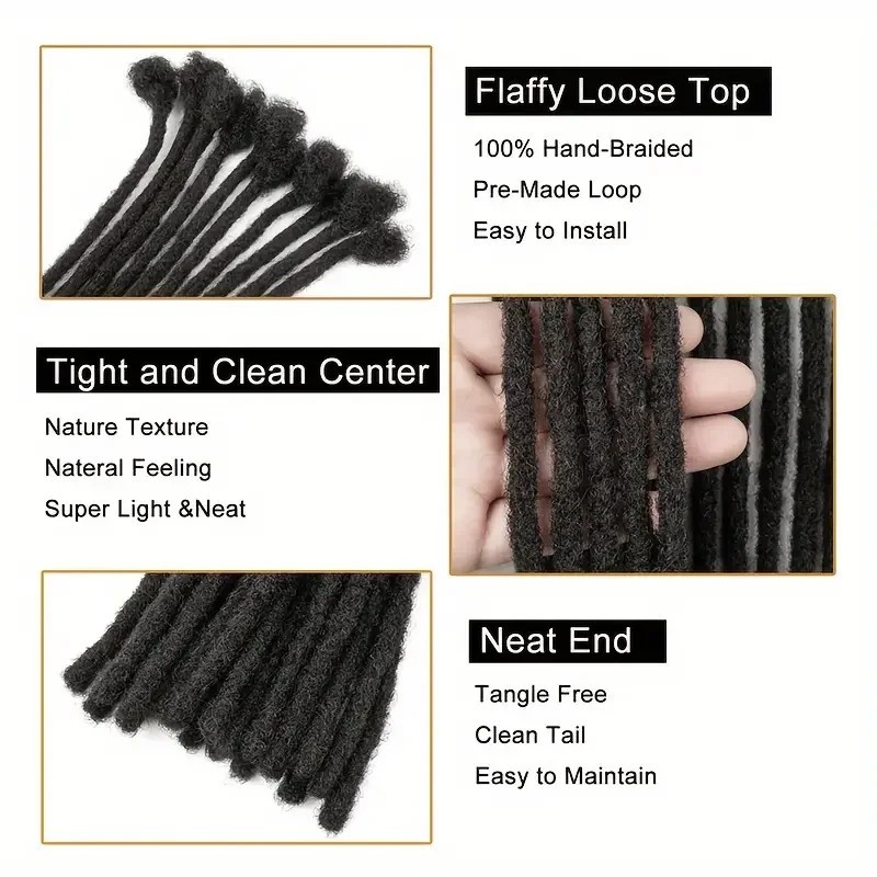 Dreadlock Extensions, human hair (20 locs) Color 1B – 0.6cm width – 10 inches