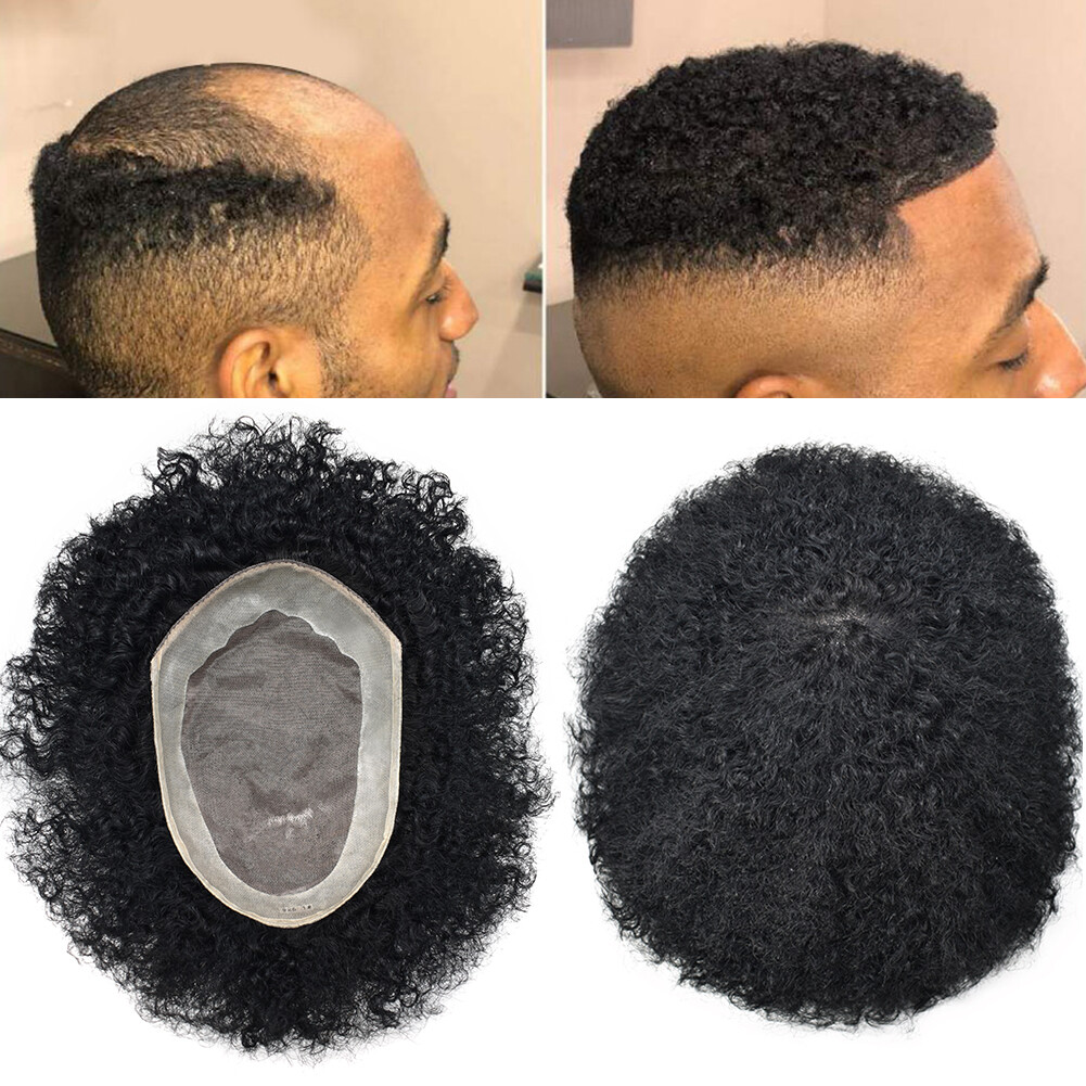 Mens Toupee Afro Curly Wavy Human Hair Replacement System Mono Poly NPU Wig