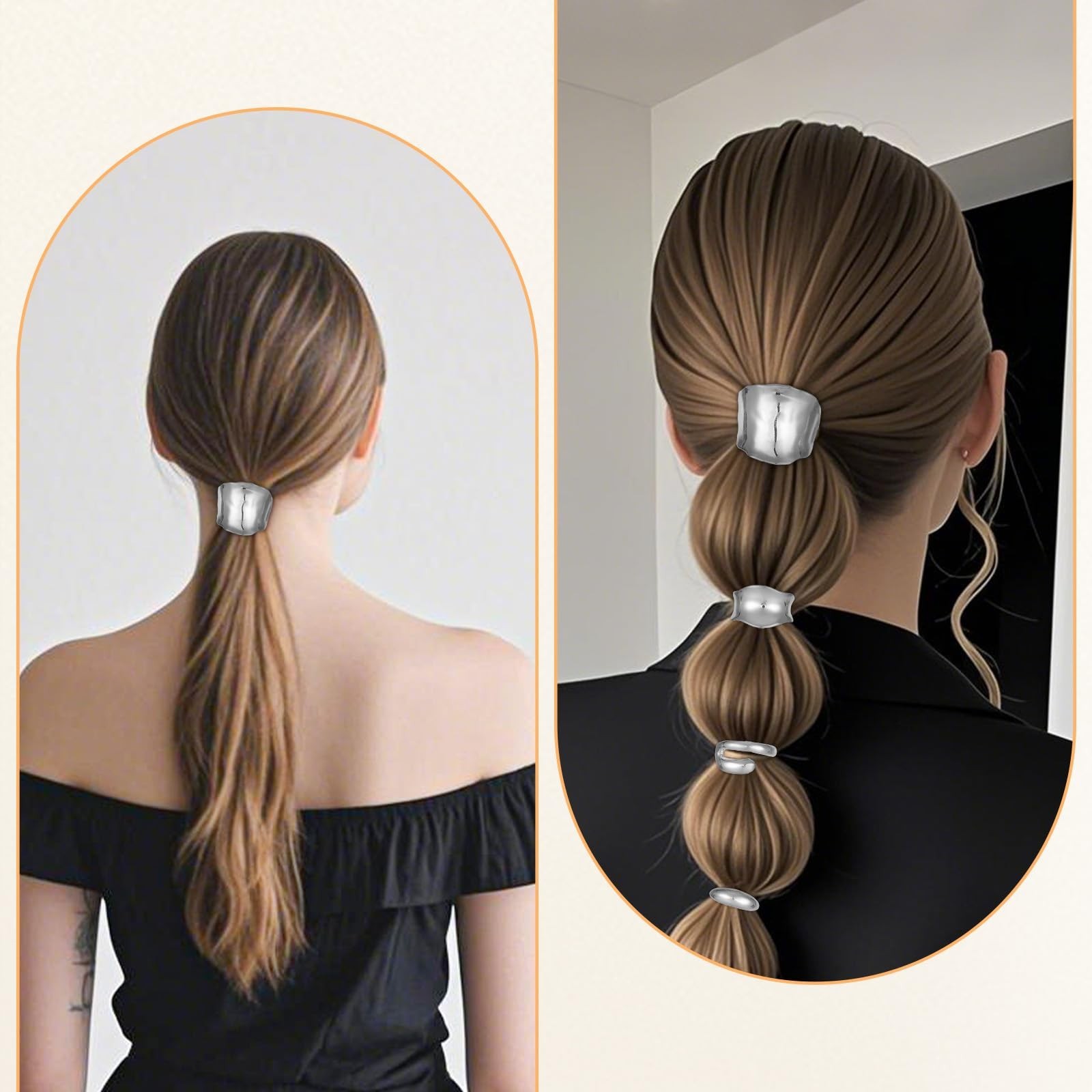 4 Pcs Hair Cuffs for Ponytails, Silver Hair Clips Metal Long High Ponytail Cu…