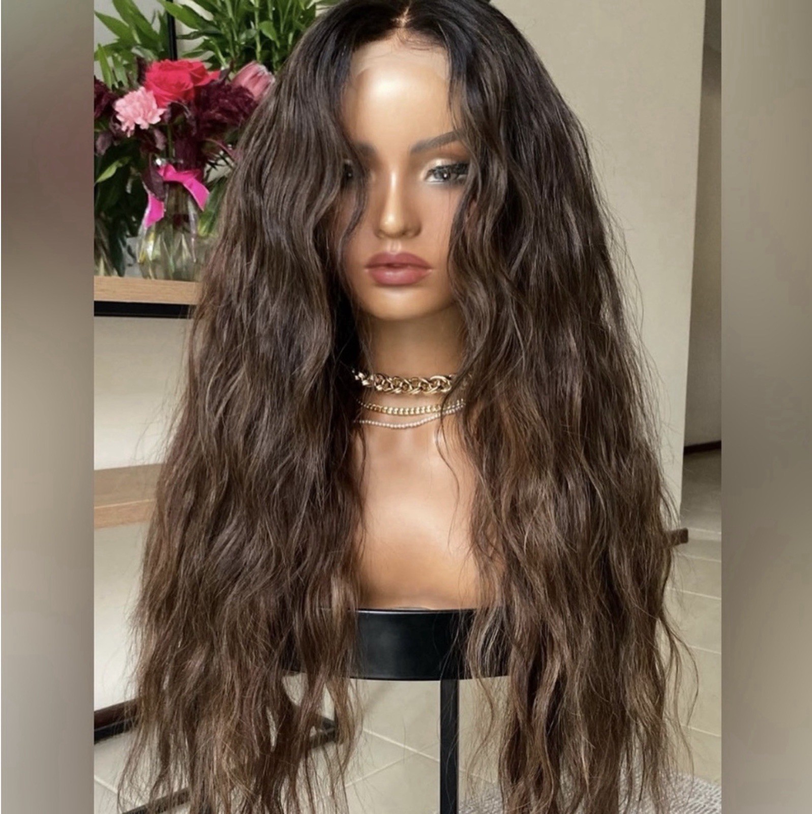100% Human Hair Glueless Lacetop 26” Wavy Dark Brown/Auburn Highlights NWOT