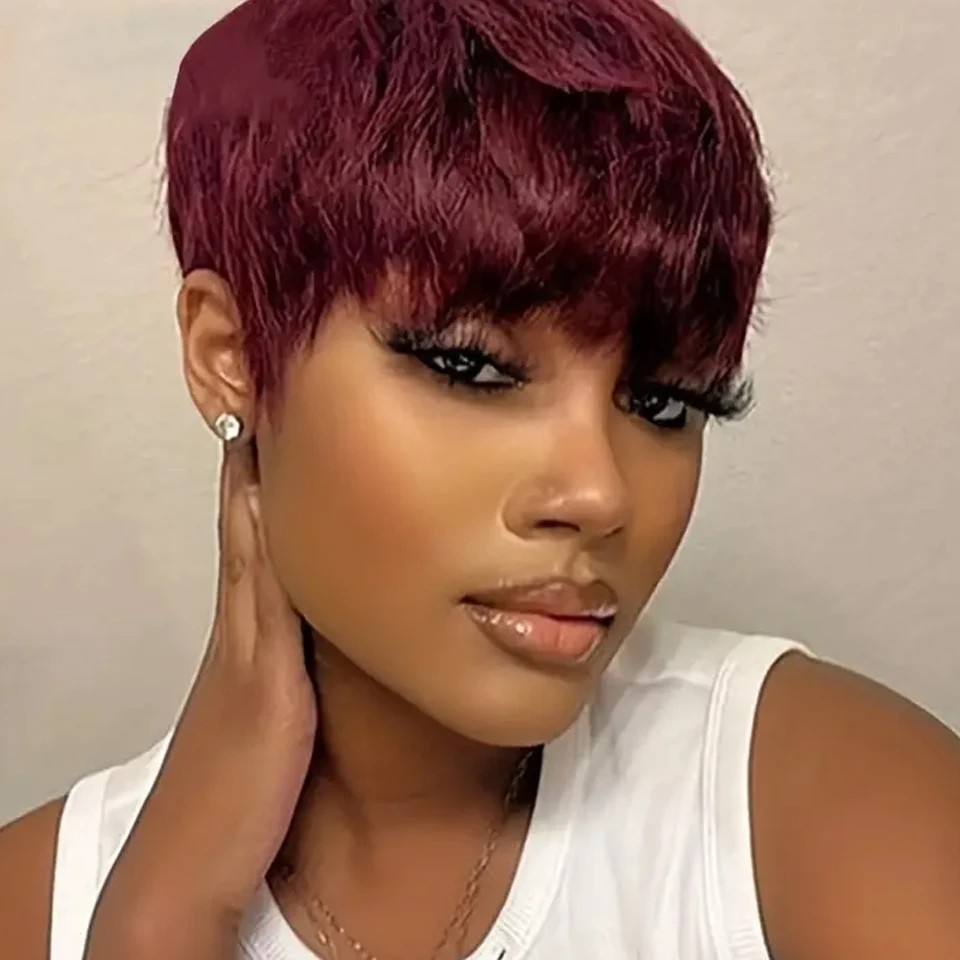 Pixie Short Cut Colored Straight Human Hair Wig Bangs Women Fashion Beauty Gift