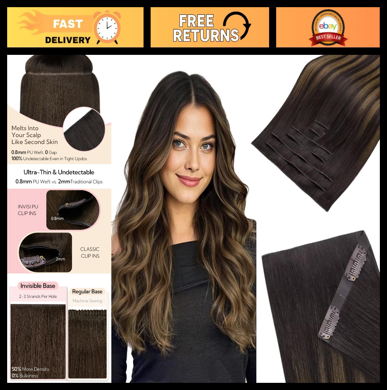 Seamless Clip-In Hair Extensions 18″ 110g 7Pcs Real Human Hair Balayage Dark Bro