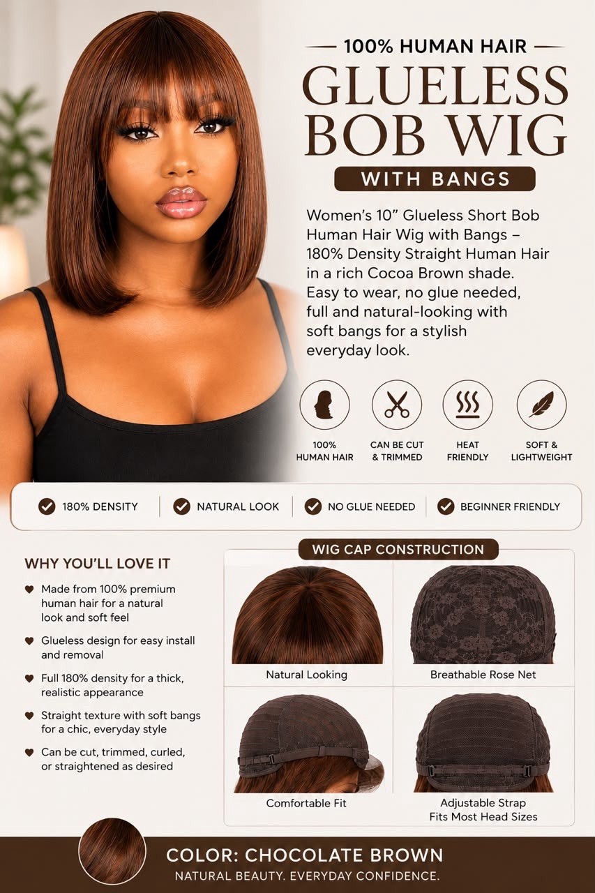 10″ Chocolate Brown Women’s 100% HUMAN HAIR – GLUELESS BOB WIG WITH BANGS