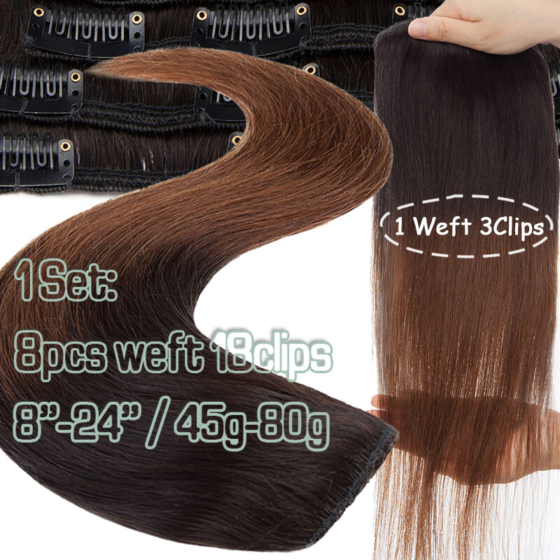 Clip in 100% Remy Real Human Hair Extensions Full Head Medium Short 12/14/16Inch