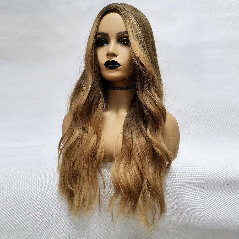 Dark Brown Root to Gold Ombre Long Wavy Curly Blonde Wig Women Synthetic Hair