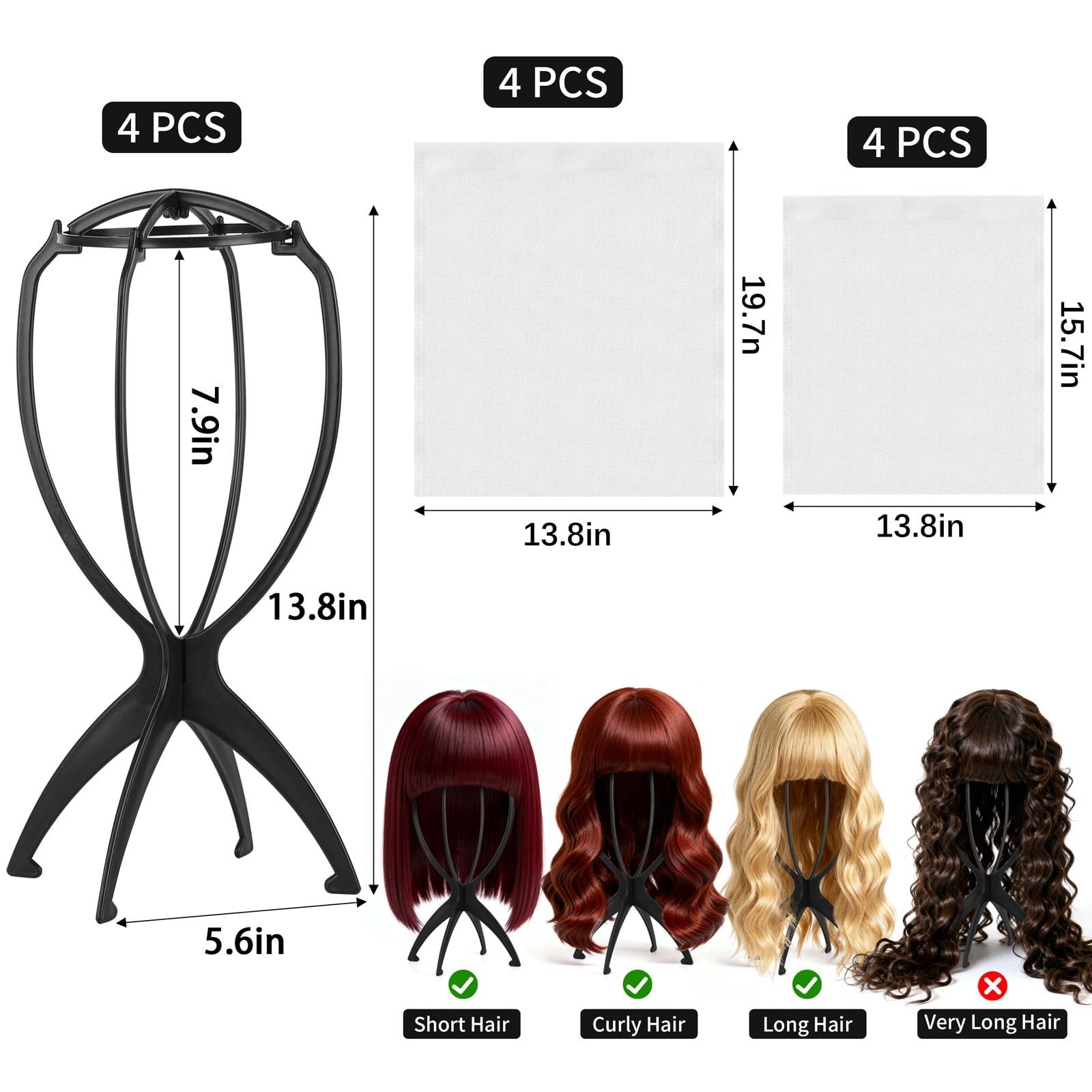 Tecbeauty 4Pcs Wig Stand with 8Pcs Dust Bag, Portable Holder black