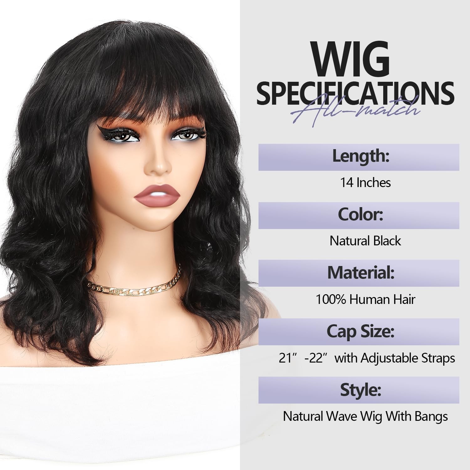 Wiger Human Hair Natural Wave Wigs Bangs Black Wavy Bob Wigs For Black Women