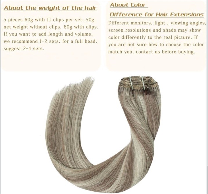 5pcs Ash Brown Platinum Blonde Clip in Human Hair Extensions 22” Remy Straight