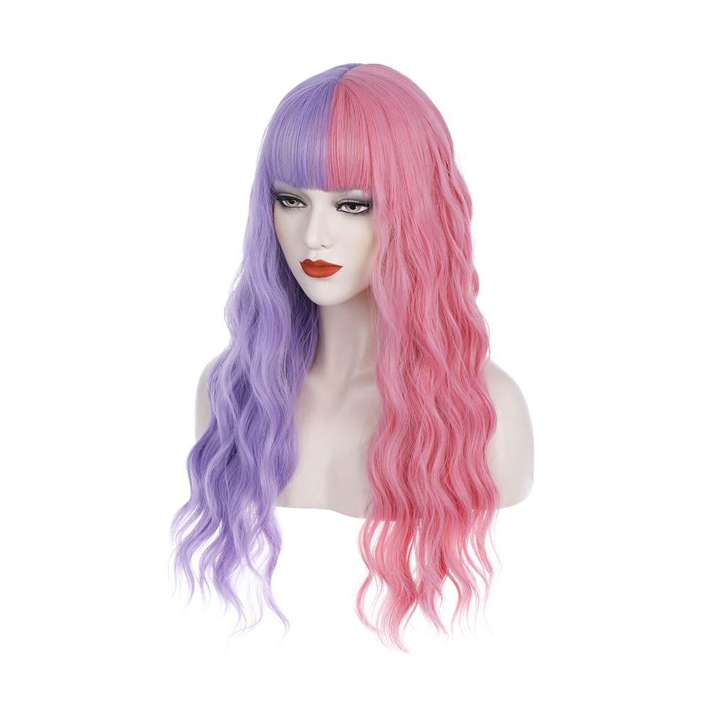 Purple and Pink Wig Long Curly Wig with Bangs Half Color Wigs for Women Girls…