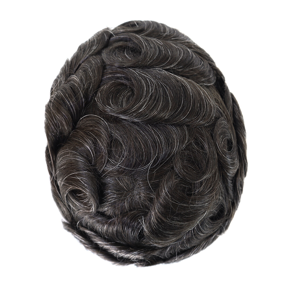 Toupee For Men Human Hair Lace skin Replecement System Dark Brown Grey Hairpiece