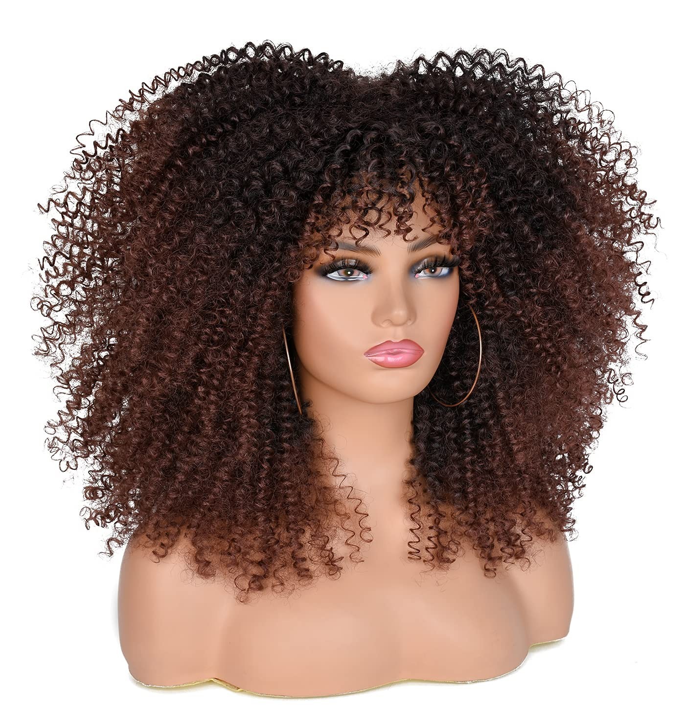 Heat-Resistant Afro Curly Wig with Bangs for Black Women – 16 Inch Full Coverage