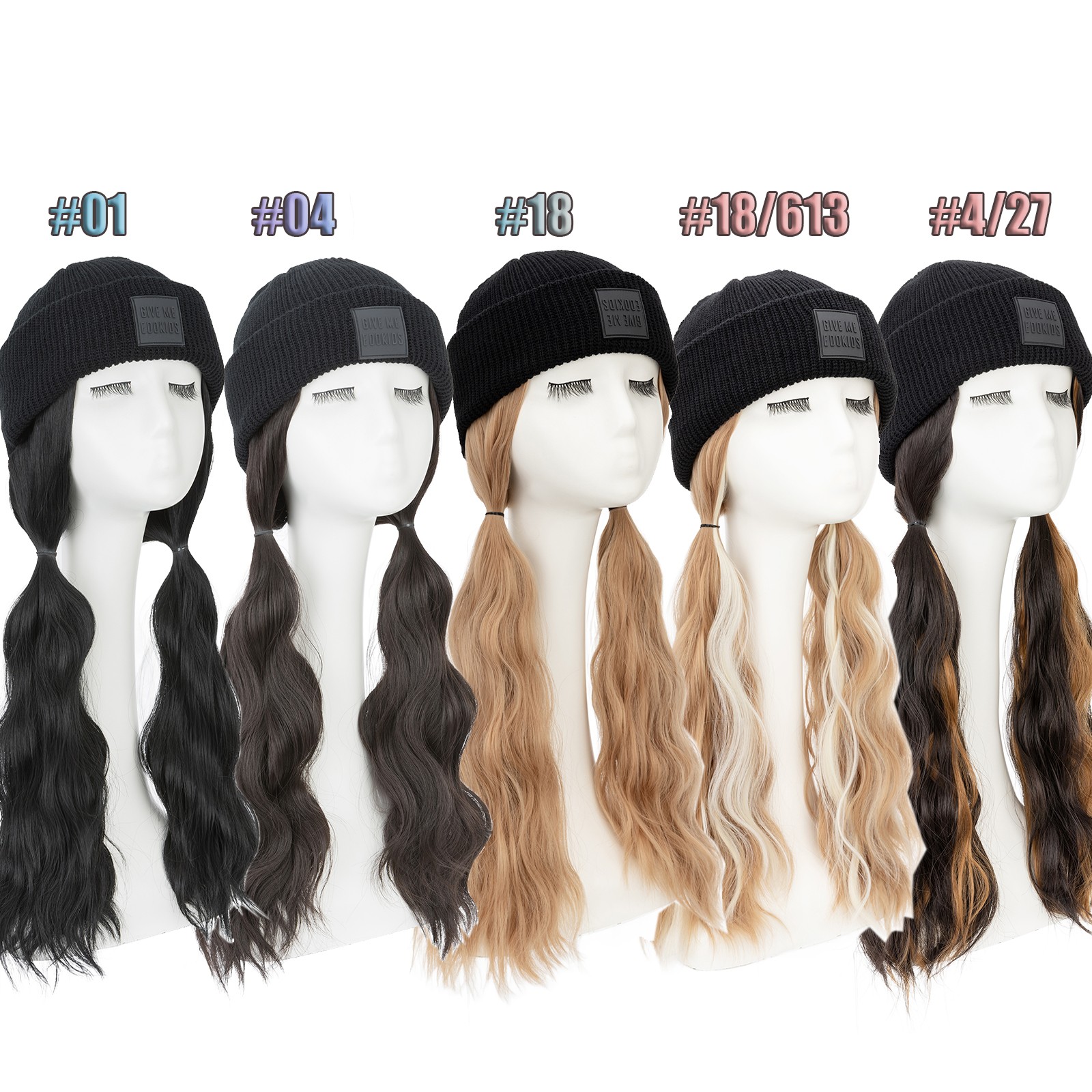 Winter Warm Knit Beanie Hat with Long Wavy Straight Synthetic Hair Wig for Woman