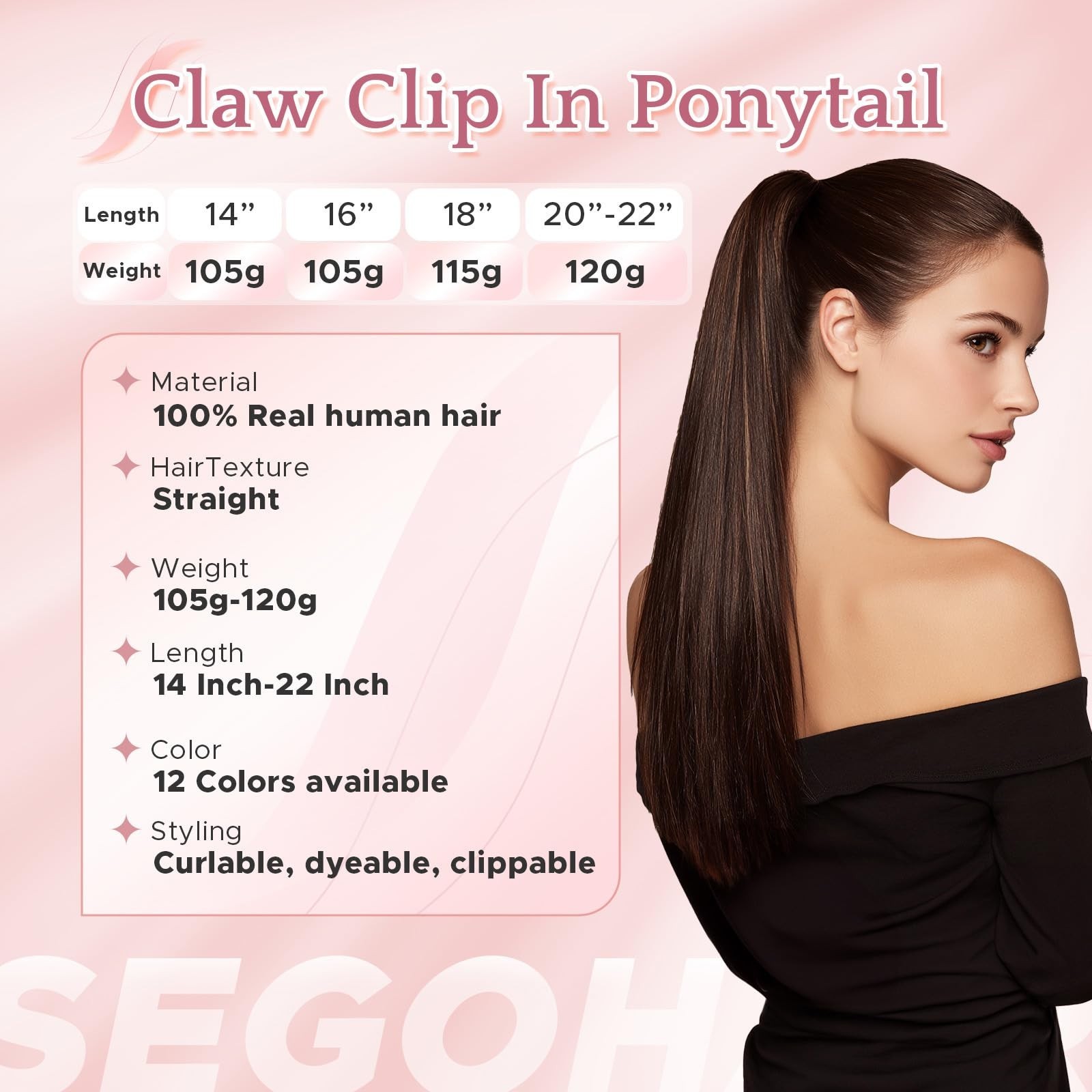 Human Hair Claw Clip Ponytail Extension 22″ 120g Dark Brown Clip-In for Women