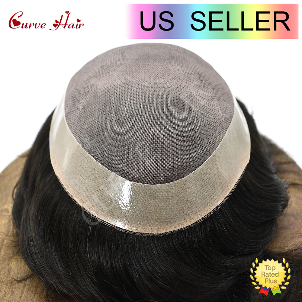 Mens Toupee Human Hair Replacement System Durable Fine Mono Lace Poly Hairpiece