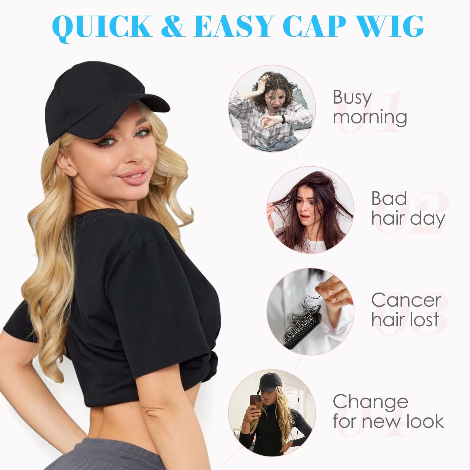 Hairro Baseball Hat Hair Attached For Women Synthetic Adjustable Cap Wig 290G