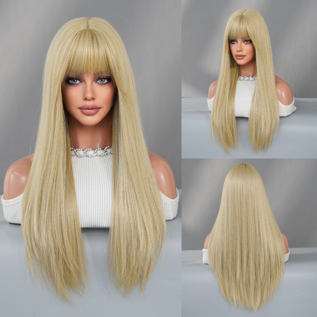 Grey Blonde Wig Long Straight Hair Daily Synthetic Fur Fake Hair Full Head Cover