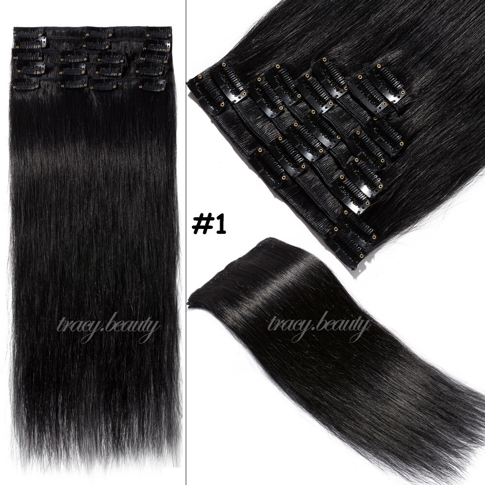 Full Head Clip In Human Hair Extensions Remy Beauty 7/8PCS Black Blonde Piano US