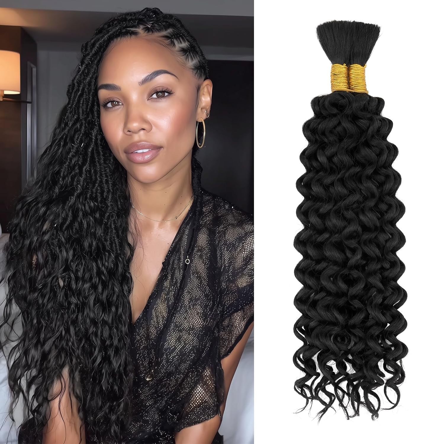 2 Bundles 15in Human Hair Extensions Water Wave No Weft #1B Natural Black 100g