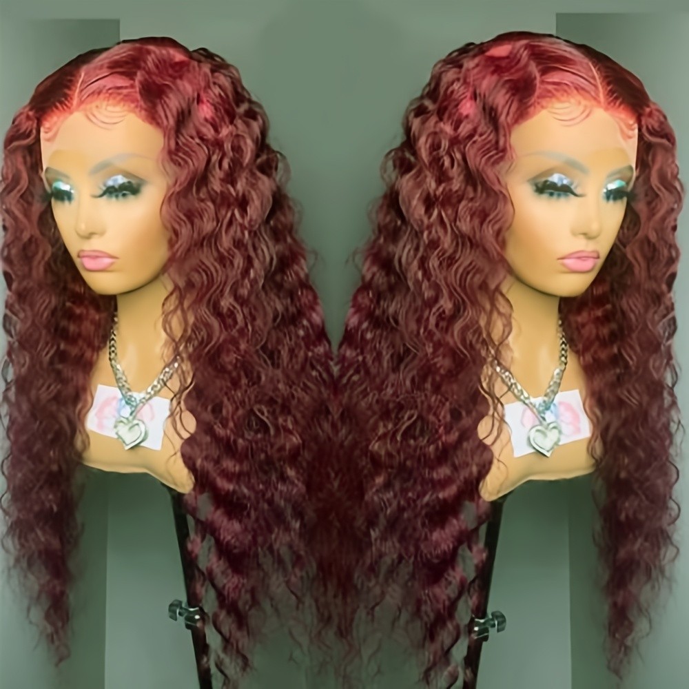 13×4 Deep Wave Lace Front Wigs Wine Red Color Women Long Curly Hair Pre Plucked