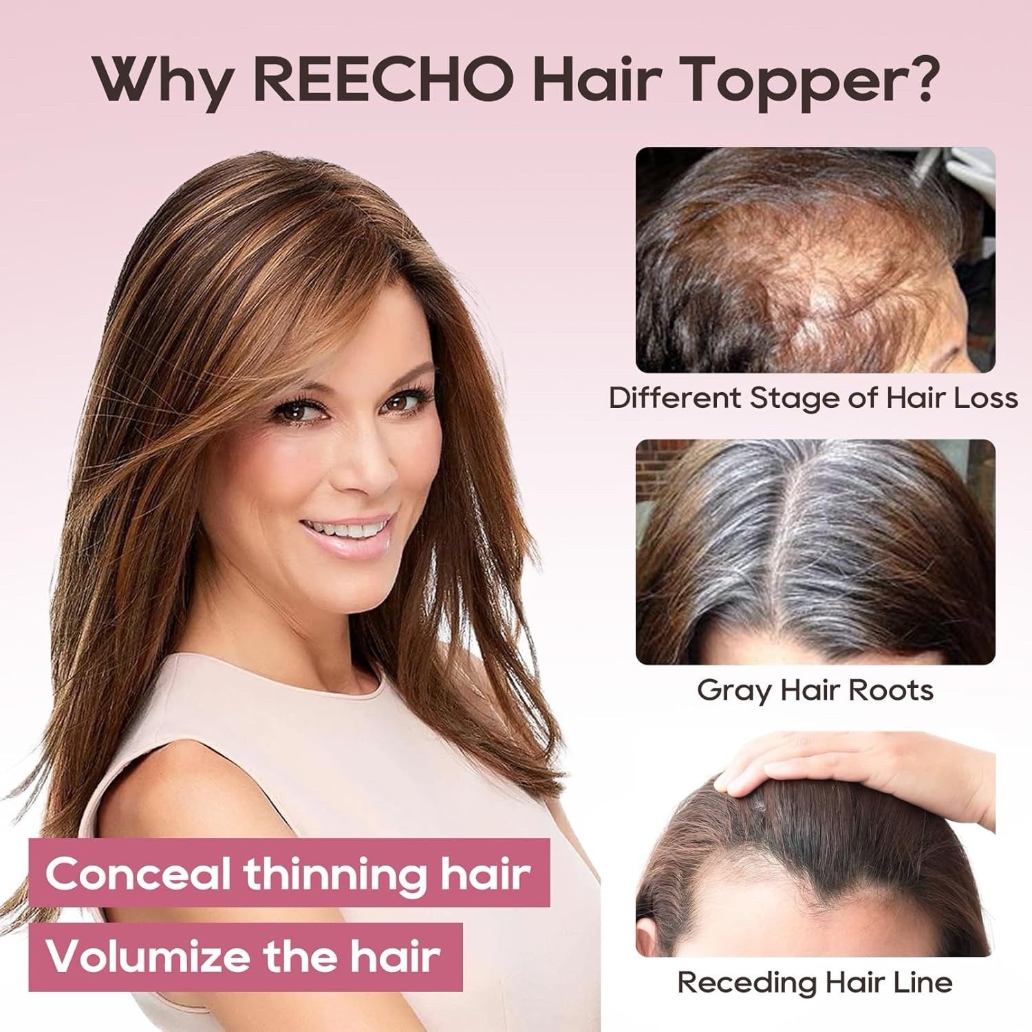 REECHO Real Human Hair Topper with Bangs Natural Black 3D Seamless Clip In 360