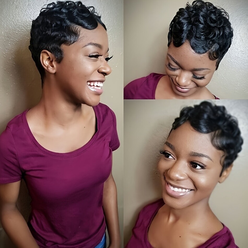 Pixie Cut Wig Black Finger Wave Human Hair Lace Front Wigs L Part Glueless