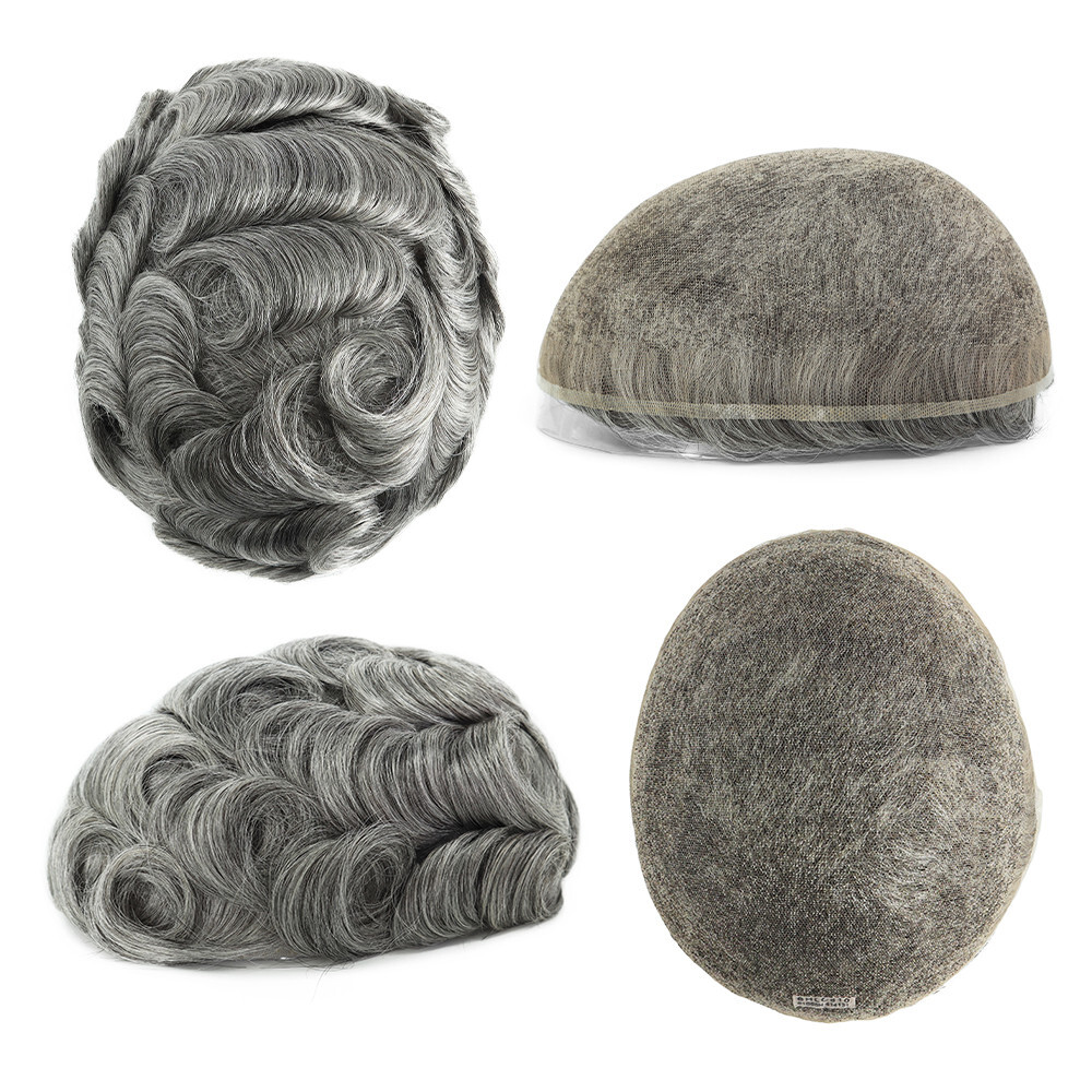 Toupee for Men Hair System Full French Lace Human Hair Reoplacement Grey #1B65