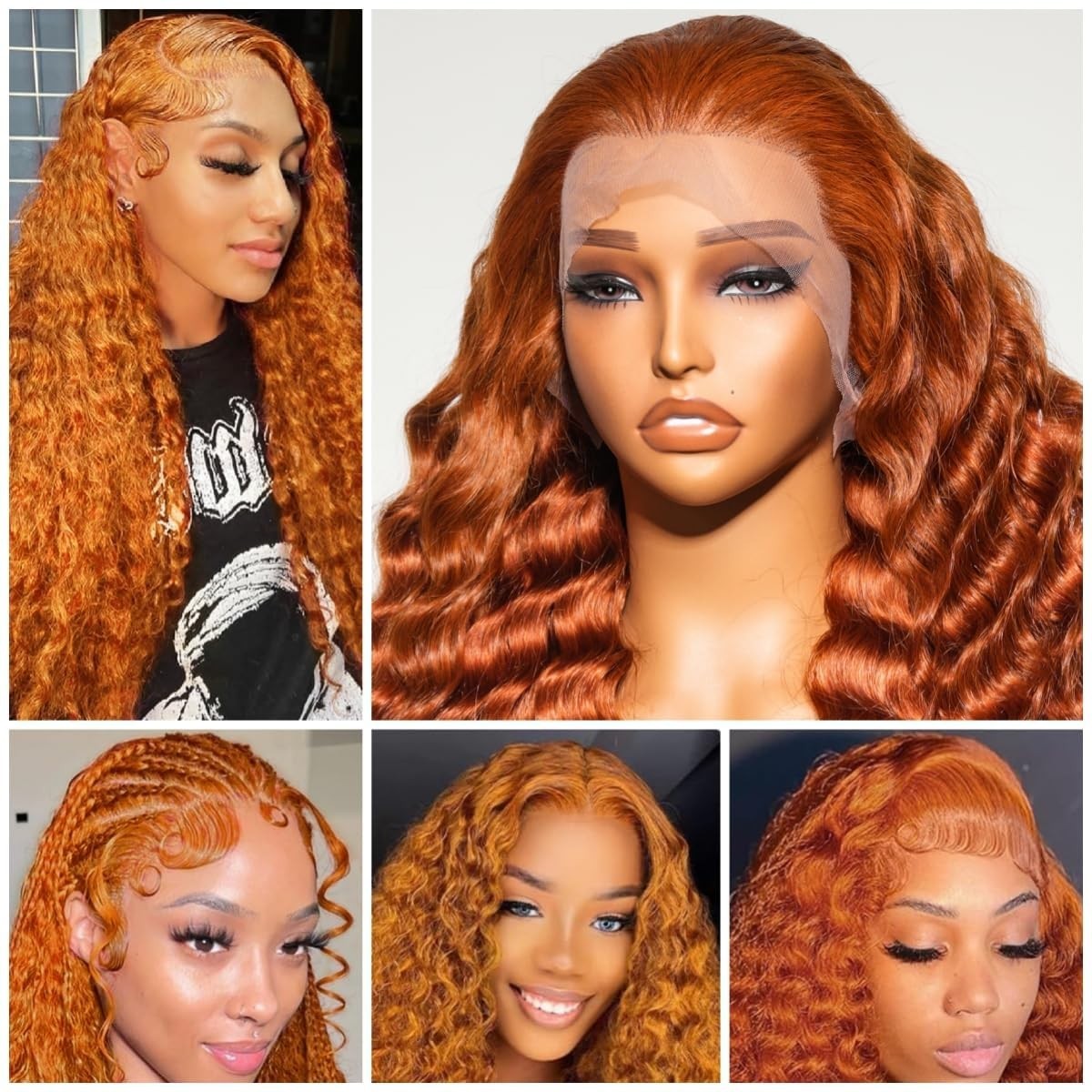 30″ Ginger Human Hair Wig – 13×6 Deep Wave Lace Front, 200 Density Curly Orange,