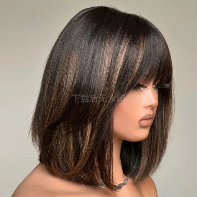 Highlight Straight Bob Wig for Women with Bangs Full Machine Made Human Hair Wig