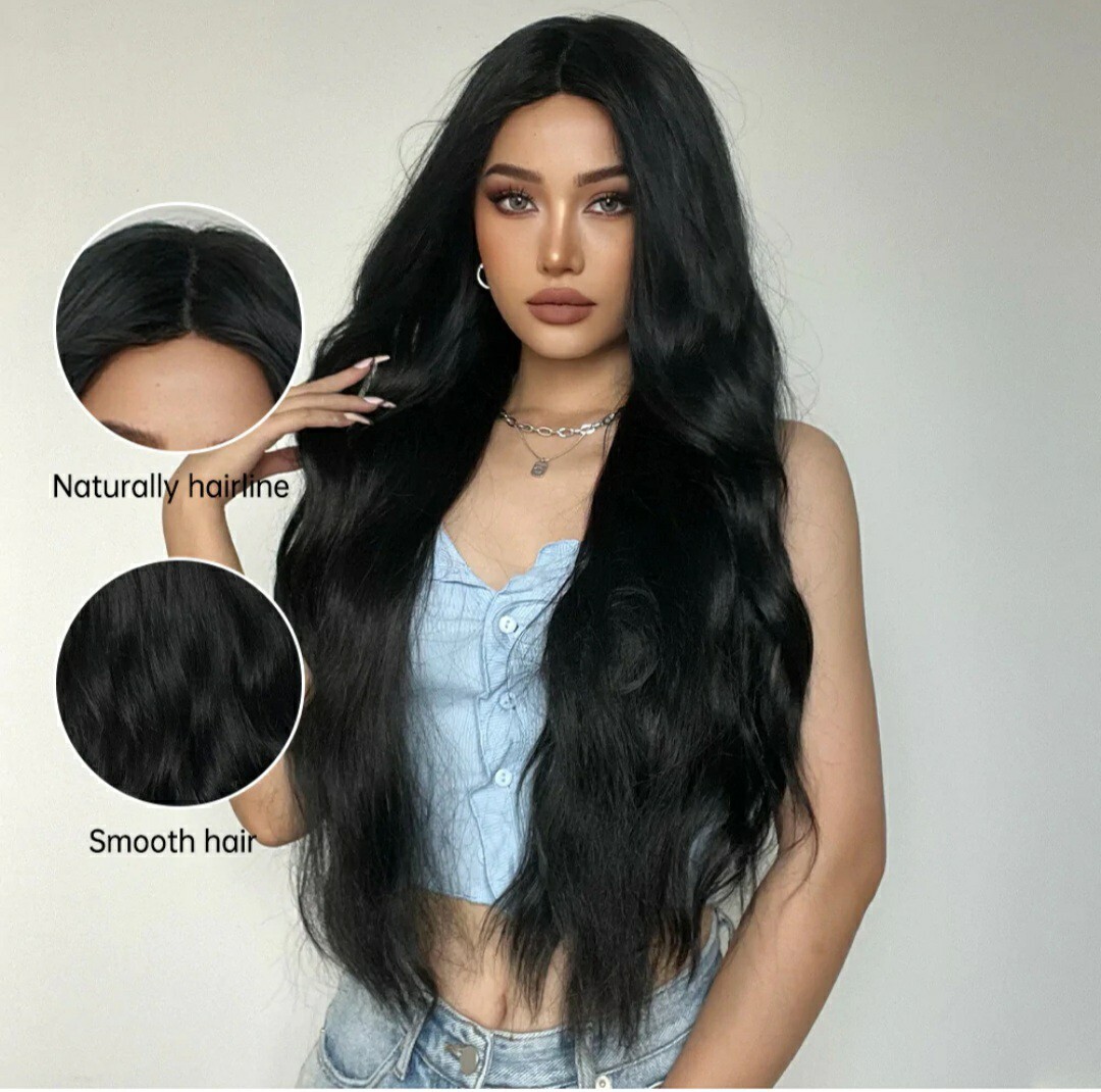 NEW By Haircube Beach Wave Black 28″ Long Synthetic Wig Cap Monica
