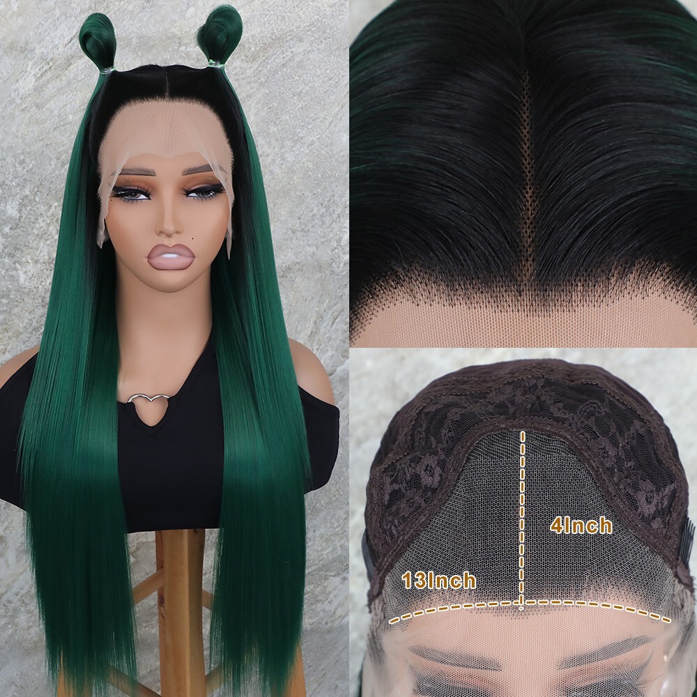 Ombre Green Synthetic Lace Front Wigs Straight Hair Free Part Heat Safe Women