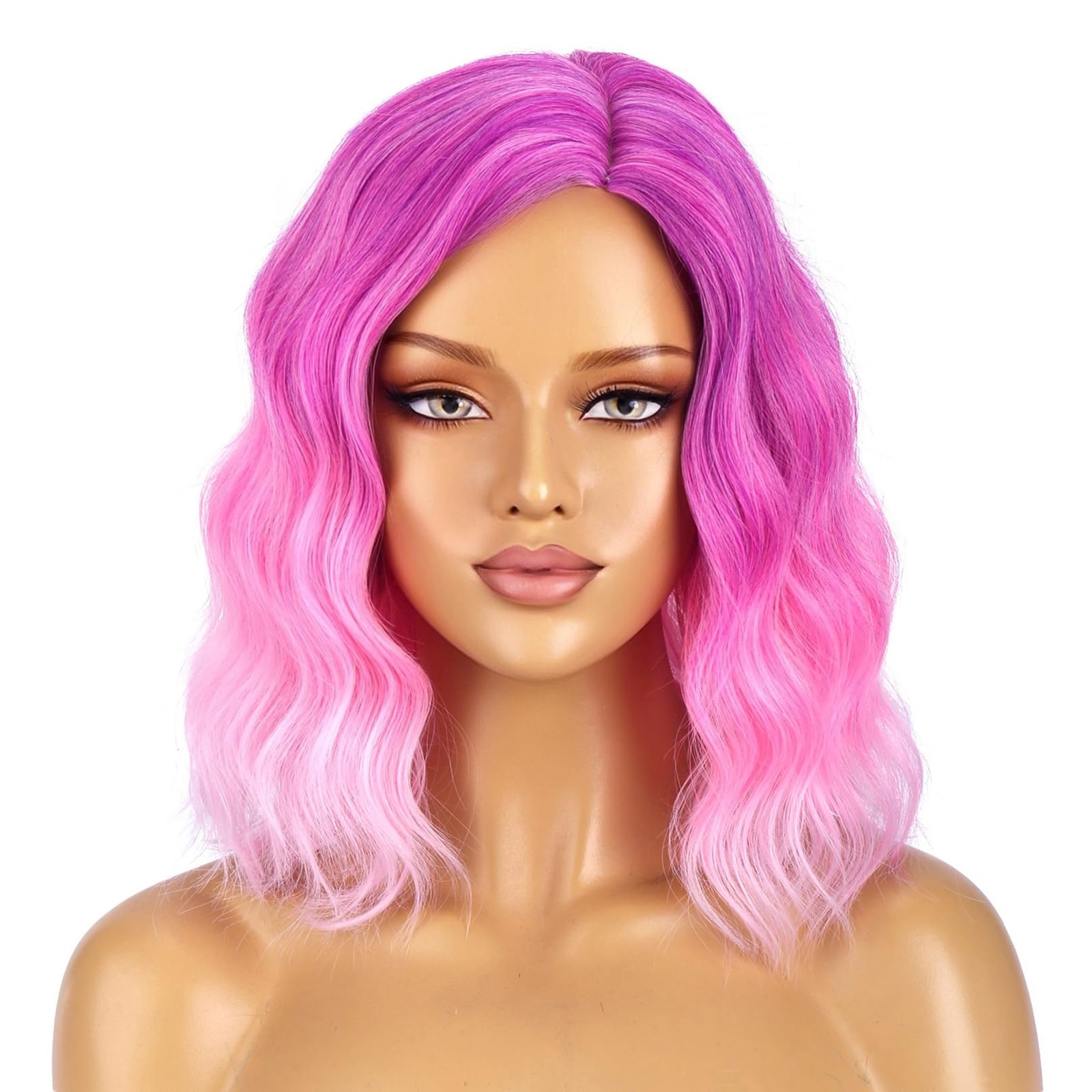 Rose Pink Wigs for Women Short Curly Wavy Wig Girls Middle Part Ombre Pink Pu…