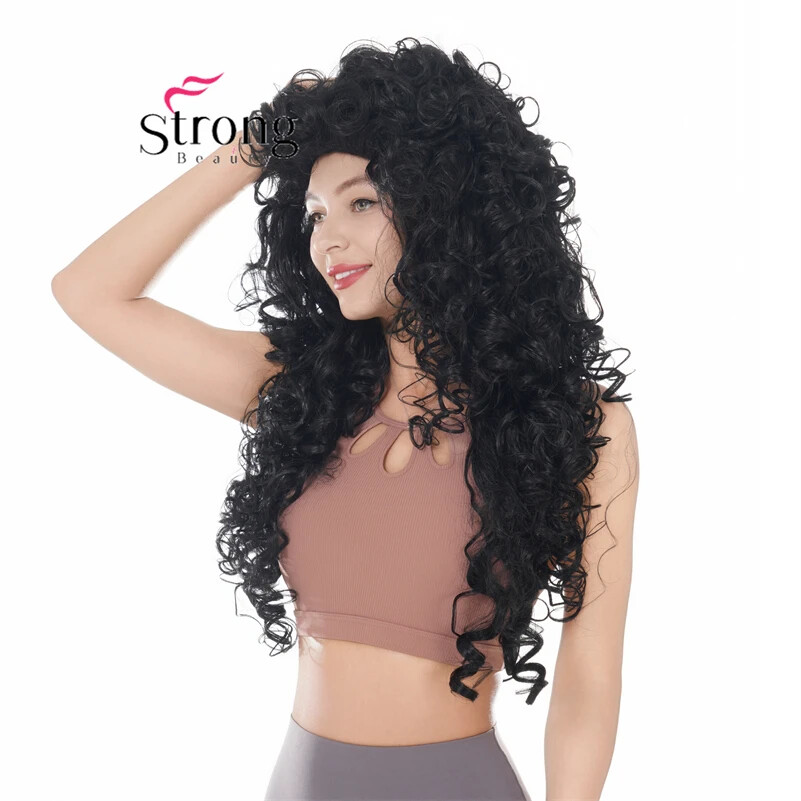 30″ Long Thick Curly Black Classic Cap Full Synthetic Wig