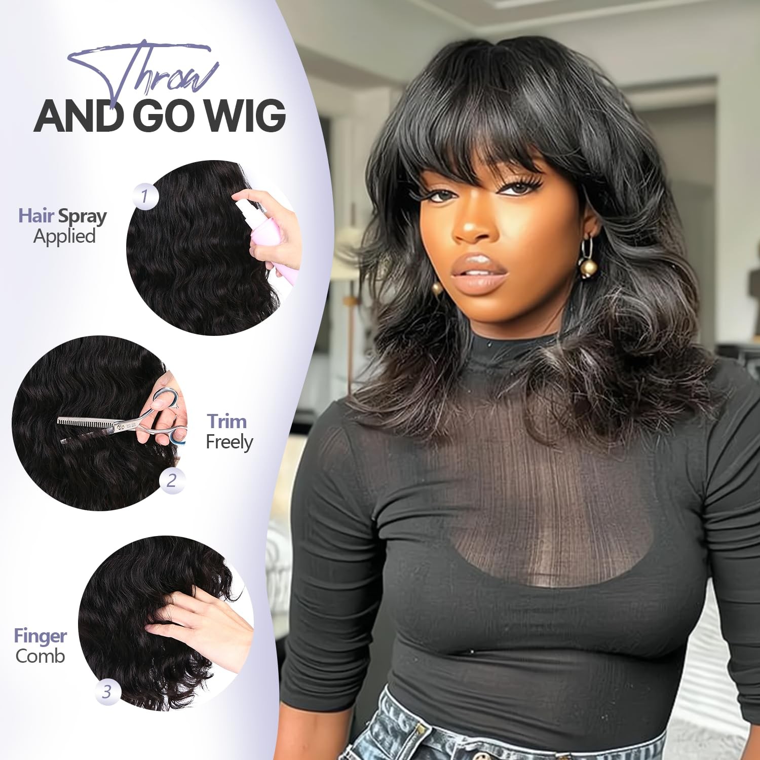 Wiger Human Hair Natural Wave Wigs Bangs Black Wavy Bob Wigs For Black Women