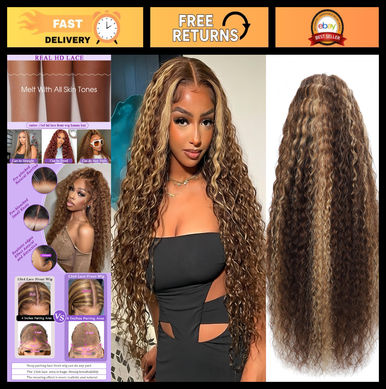 13×6 Honey Blonde Deep Wave Lace Front Wig 220 Density Curly Human Hair 28″ No S