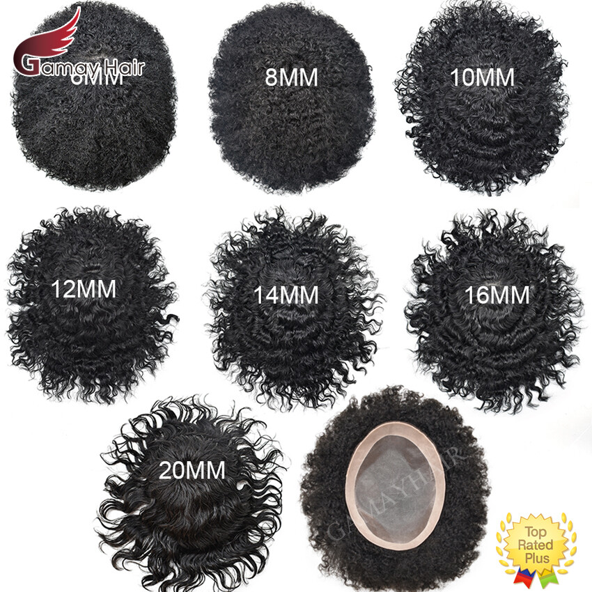 Mens Toupee Afro Curly Wavy Human Hair Replacement System Mono Poly NPU Wig US