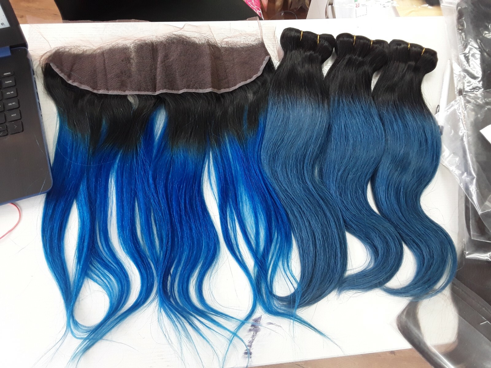 1B#/BLUE OMBRE BRAZILIAN VIRGIN HUMAN HAIR STRAIGHT BUNDLES 16+16+16&16 FRONTAL