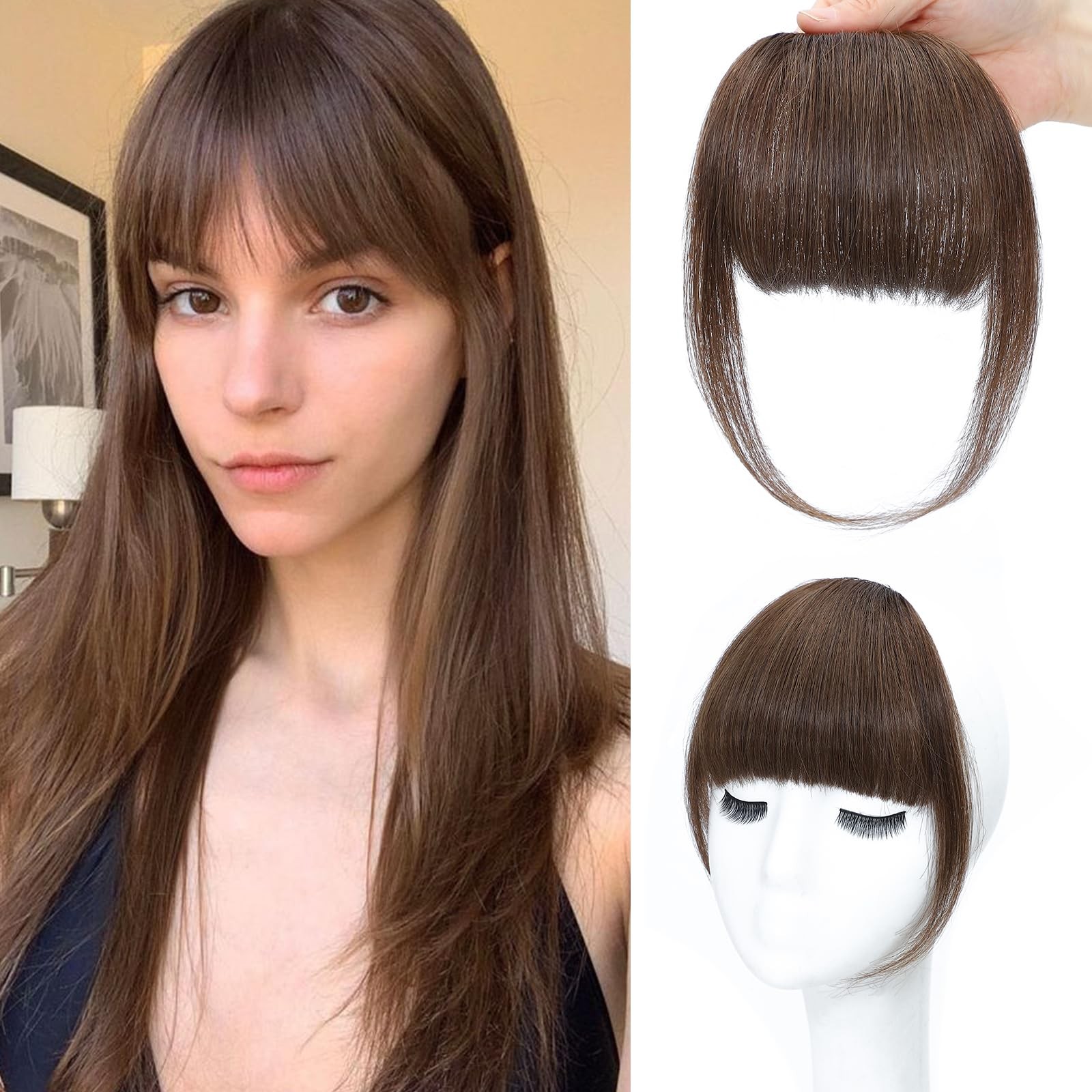 NAYOO Brown Real Human Hair Clip-In French Bangs – Natural Look