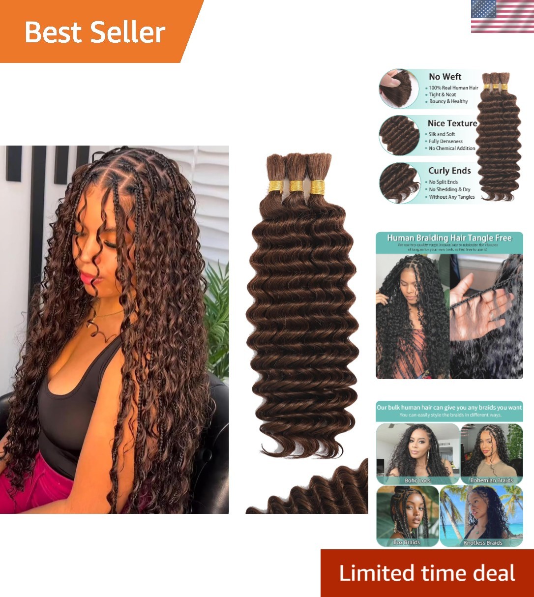 3-Pack of 18-Inch Knotless Deep Wave Hair in Chocolate Brown for Stunning Braids