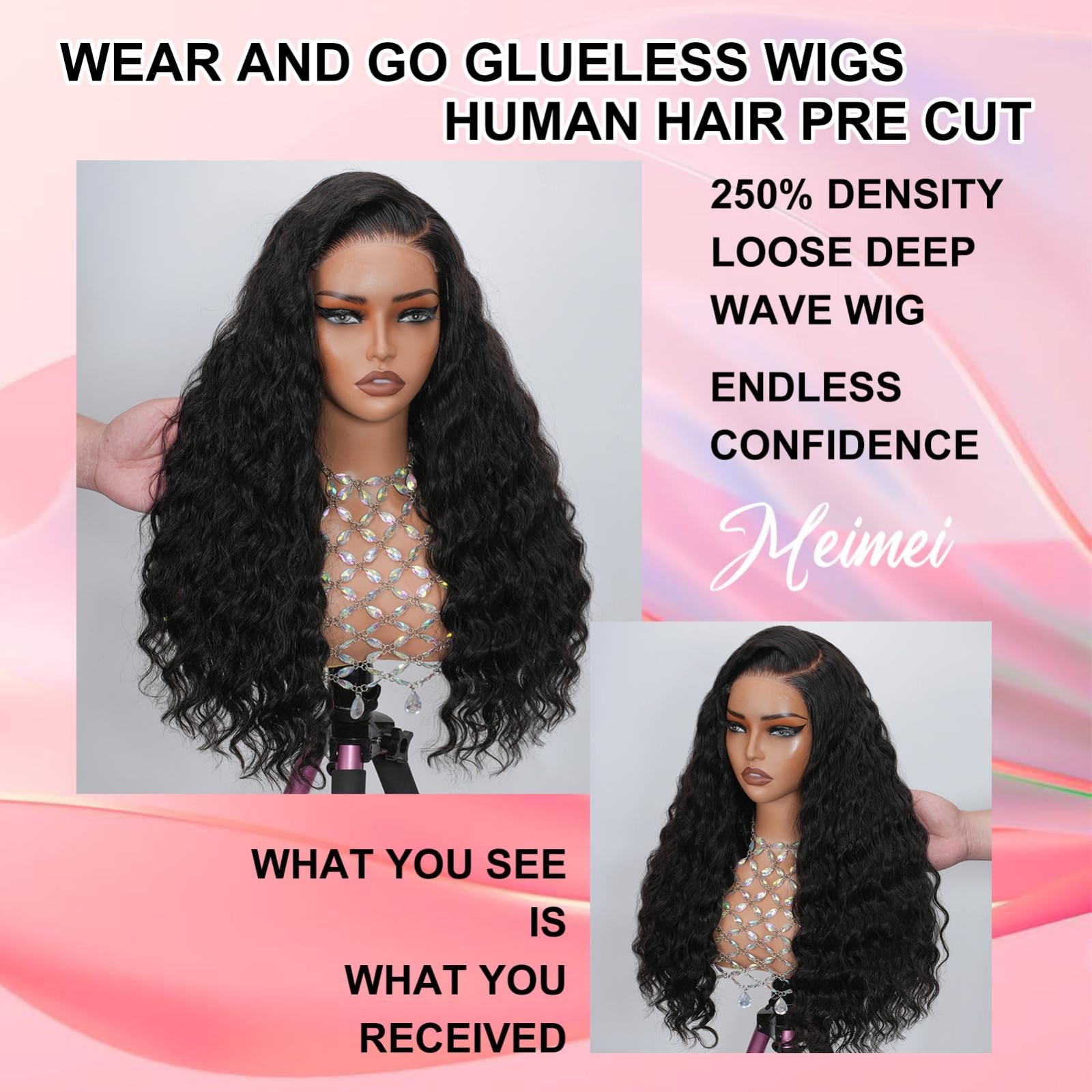 250 Density Glueless Human Hair Wig – Pre Cut Bleached Knots, Loose Wave, 5×5 HD