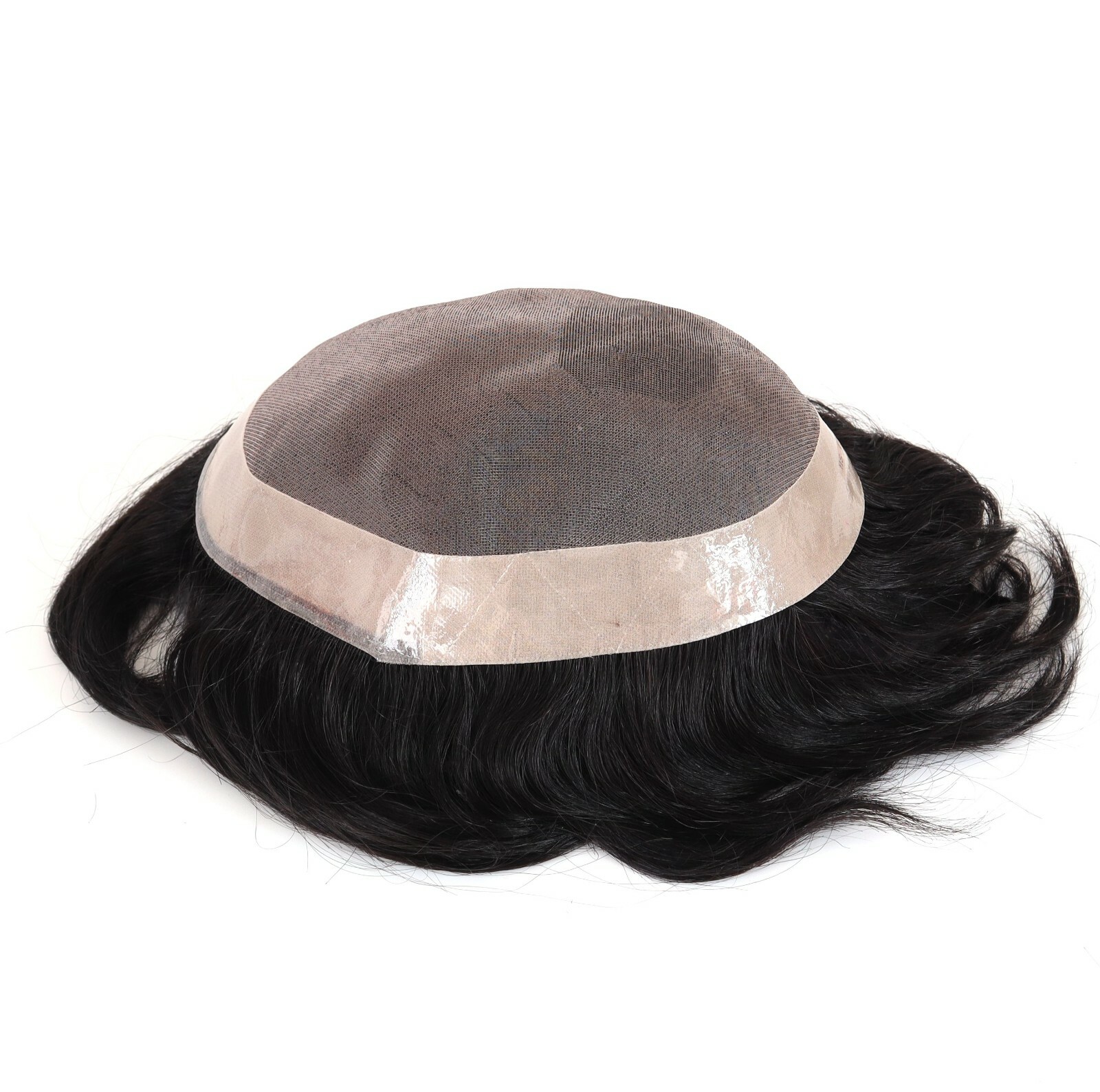 Mens Toupee Human Hair Replacement Poly Skin System Fine Mono Remy Hairpiece #1B