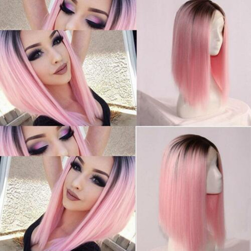 Women Girls Full Wigs Pink Short Straight Wig Synthetic Wig Bob Hair Cosplay Wig